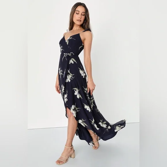 Lulus All Mine Navy Blue Floral Print High-Low Wrap Dress size M bridesmaid - Picture 4 of 13